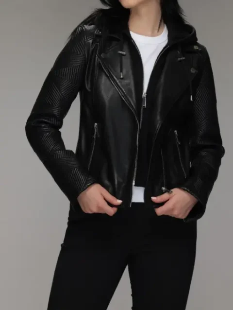 Biker Leather Jacket with Removable Hood