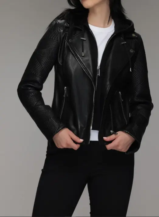 Biker Leather Jacket with Removable Hood