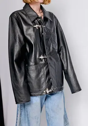 Black Leather Fireman Field Coat-3